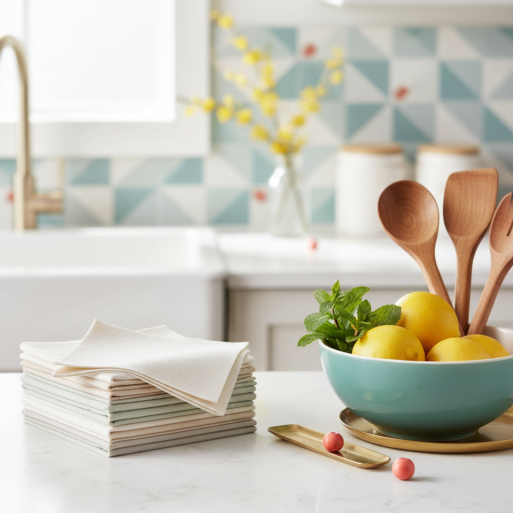 Folded reusable cleaning cloths beside a colorful kitchen countertop with lemons and wooden utensils