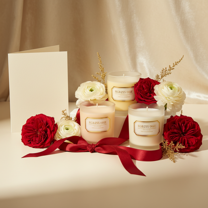 Five-piece frosted glass candle set styled as an elegant gift with flowers and ribbon