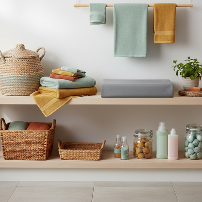 Folded gray protective fabric cover stored beside baskets and towels