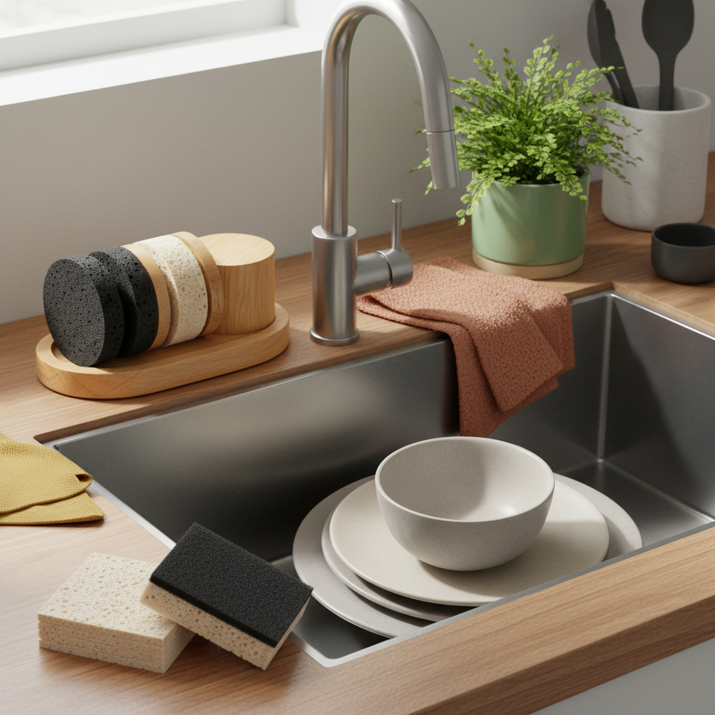Wood and dual-texture cleaning sponge set beside a modern kitchen sink