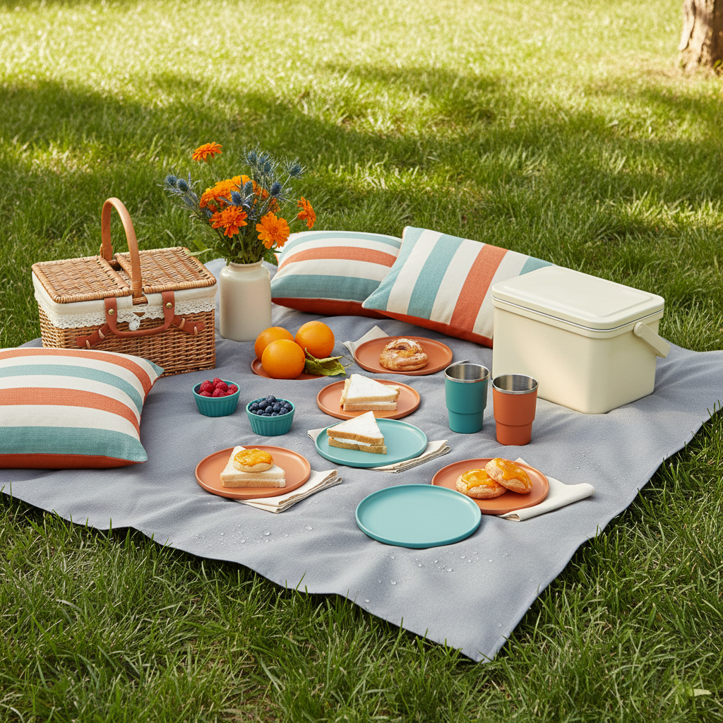 Gray fabric cover used beneath colorful picnic accessories outdoors