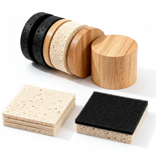 Wood-look holders with black and cream cleaning sponge pieces on a white background