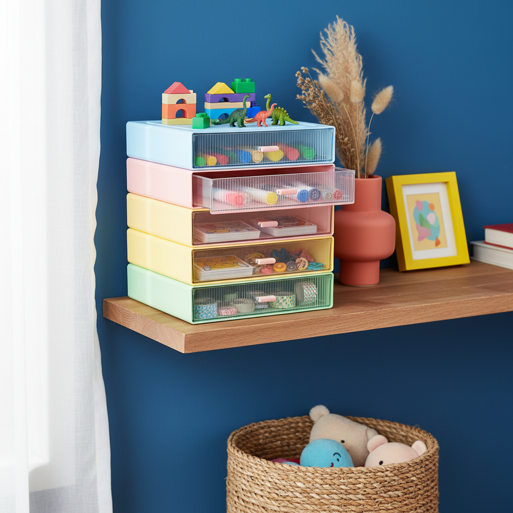 Pastel multi-drawer organizer holding toys and art supplies in a family room