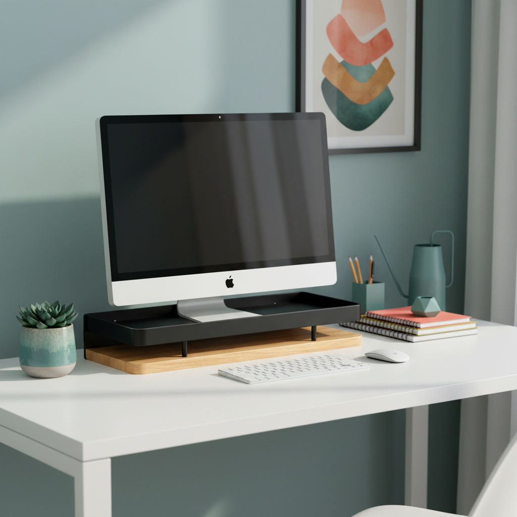 Black metal and wood desktop organizer stand in a colorful home office with monitor and keyboard