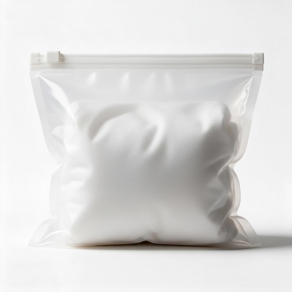 Clear reusable vacuum storage bag standing upright on a white background