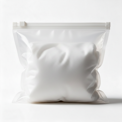 Clear reusable vacuum storage bag standing upright on a white background