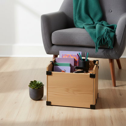 Wood-look modular storage crate holding notebooks and office supplies beside a desk