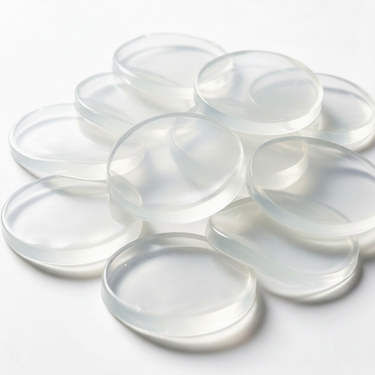 Transparent round protective pads arranged on a white background