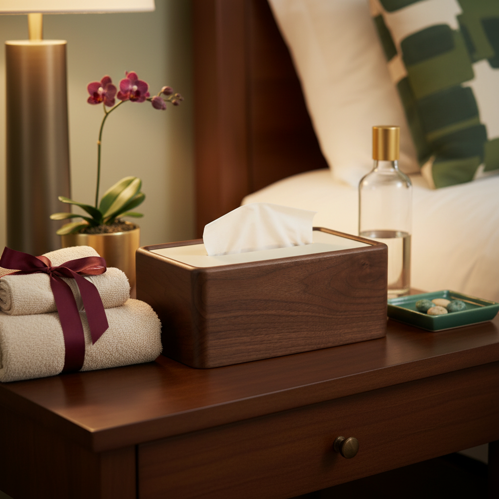 Walnut wood tissue box cover styled on a boutique hotel bedside table