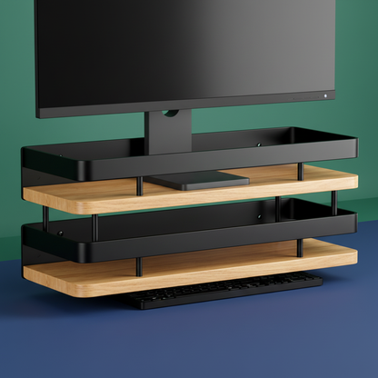Close-up of the black metal frame and warm wood platform of a desktop organizer stand