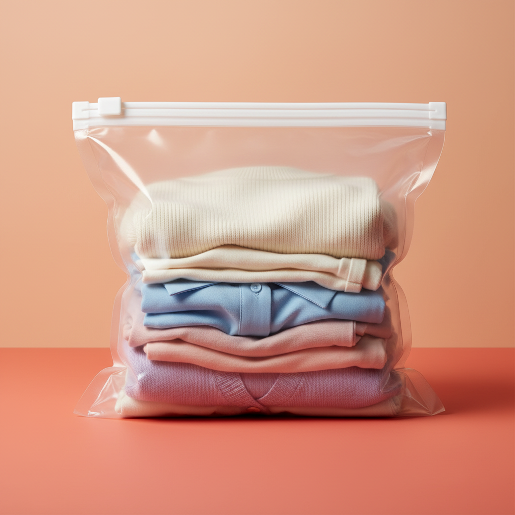 Clear storage bag holding folded pastel clothing on a colorful background