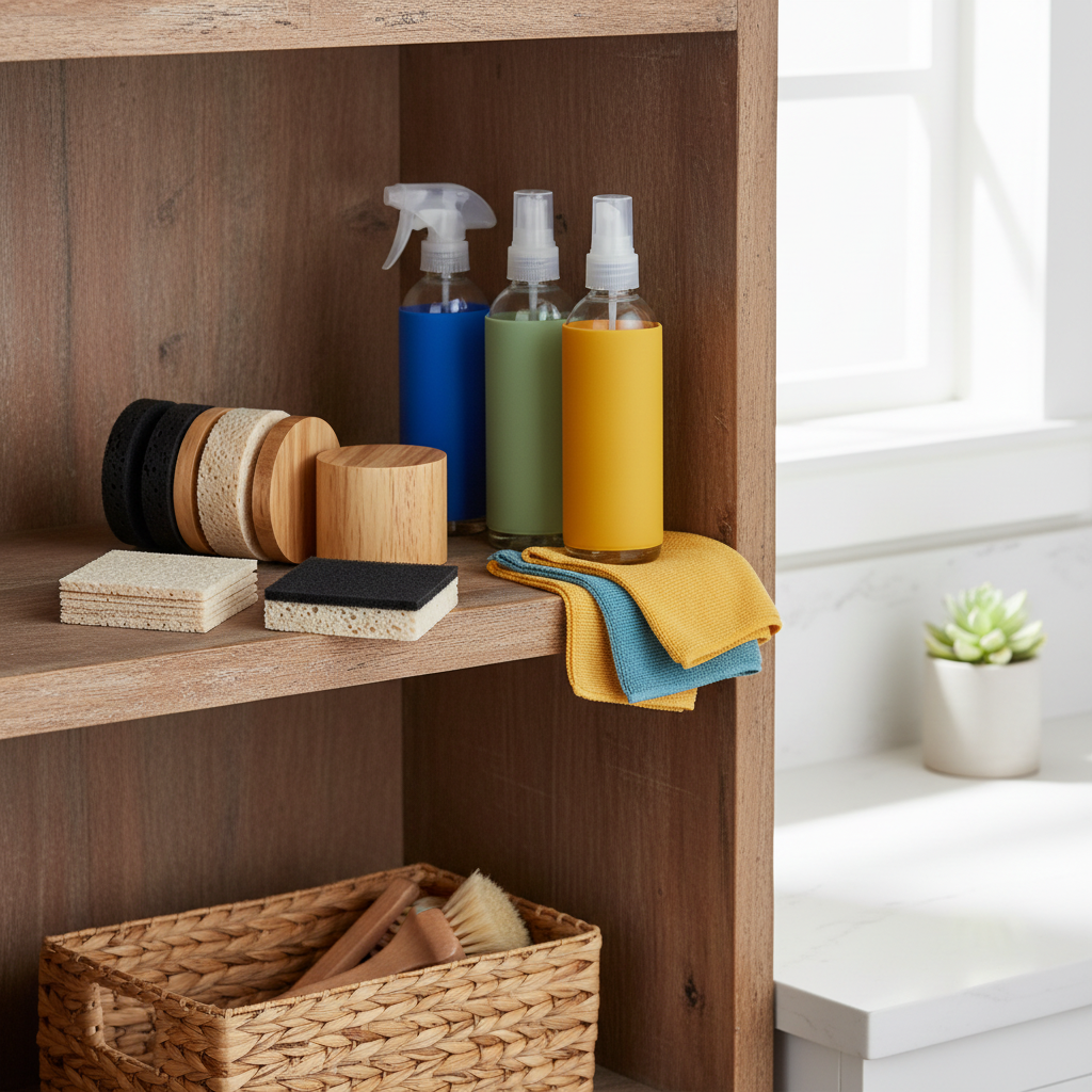 Wood cleaning sponge set organized on a home utility shelf