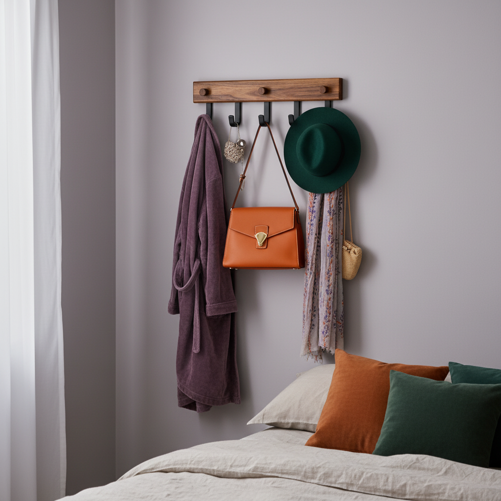 Five-hook wood wall rack holding a robe, handbag, hat, and scarf in a bedroom