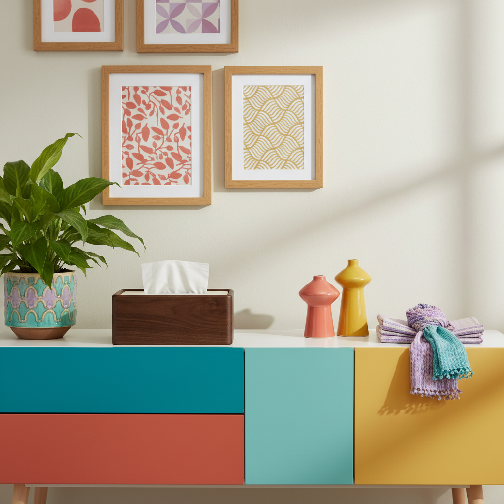 Walnut wood tissue box cover styled in a colorful modern home