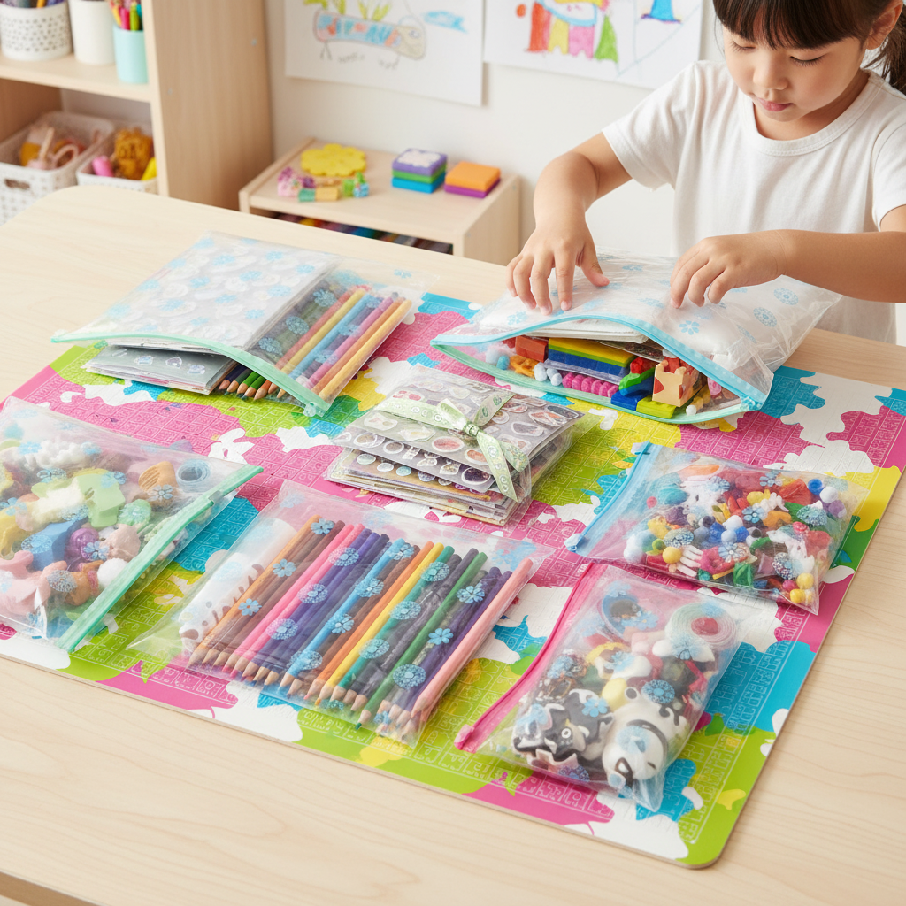 Clear floral zip storage bags organizing colorful craft supplies on a table