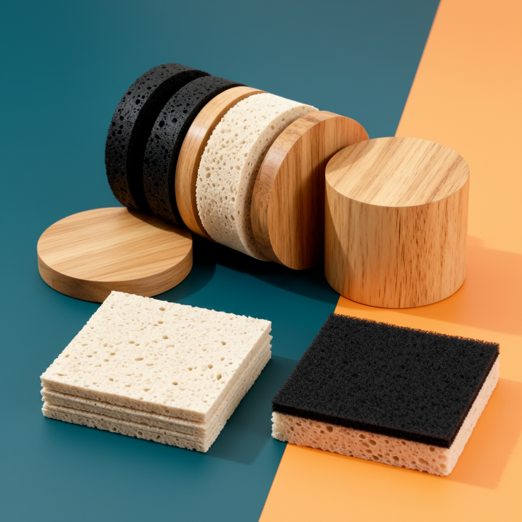 Close-up of warm wood grain and black and cream porous sponge textures