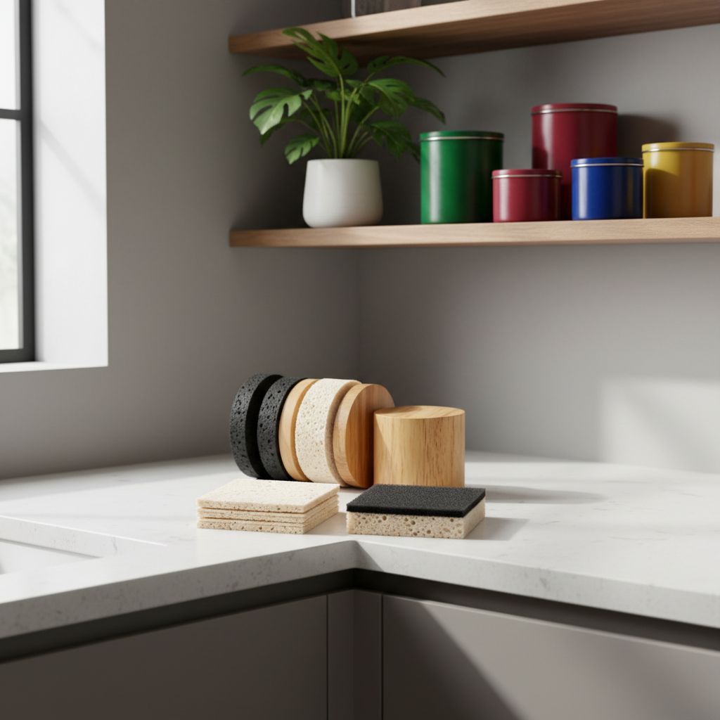 Wood and textured sponge set styled in a colorful modern kitchen and utility corner