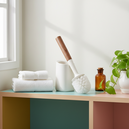 Ceramic bathroom brush holder styled with towels, an amber bottle and a green plant