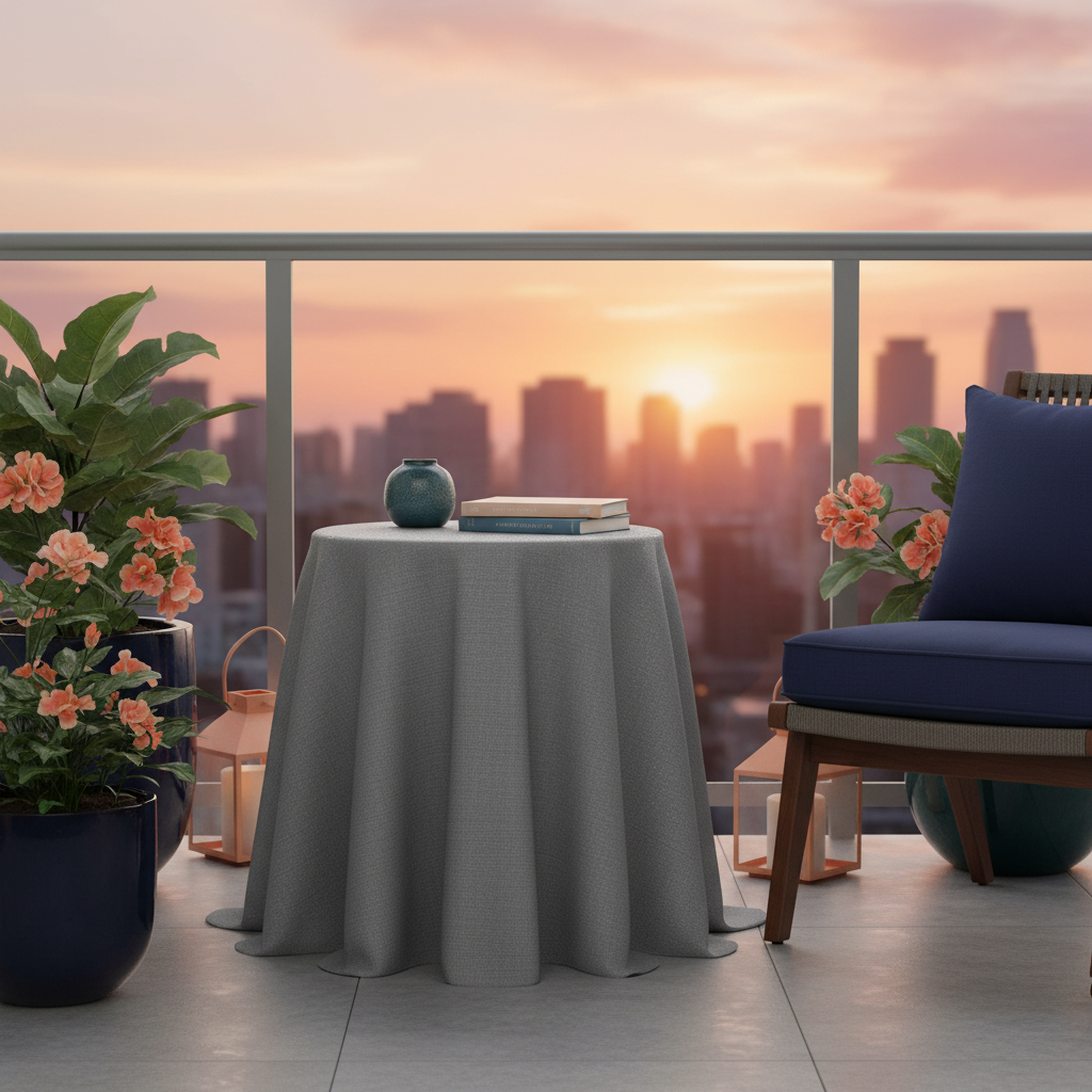 Gray water-resistant fabric cover on a colorful apartment balcony table