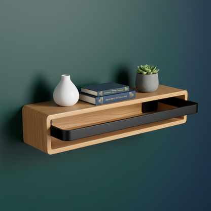 Close-up of oak wood grain, black metal front rail, side brackets, and open shelf depth