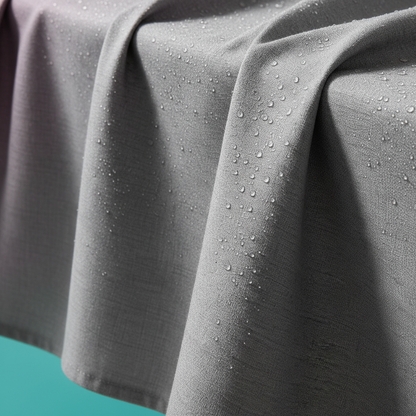 Close-up of the gray fabric weave and rounded water droplets on the surface
