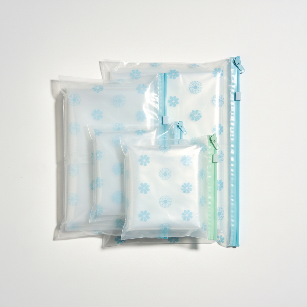 Clear floral zip storage bag set arranged on a white background
