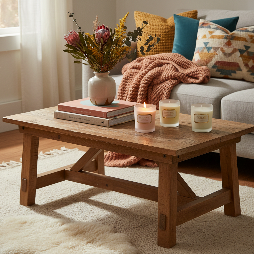 Frosted glass scented candle set styled on a colorful living-room coffee table