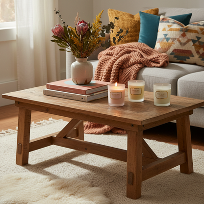 Frosted glass scented candle set styled on a colorful living-room coffee table