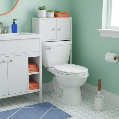 Ceramic bathroom toilet brush and holder styled beside a toilet in a colorful compact bathroom