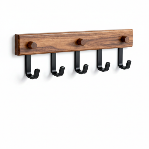 Warm wood wall-mounted coat rack with five black hooks on a white background