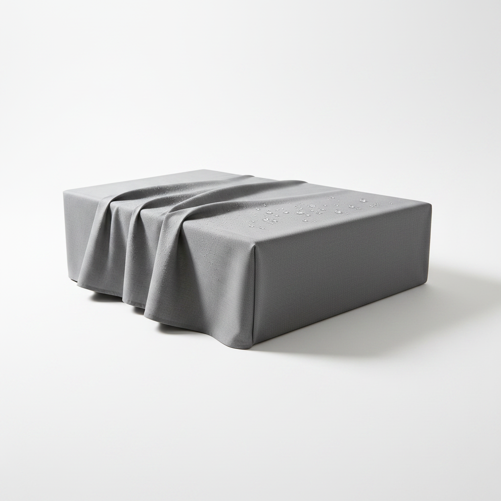Gray water-resistant fabric surface cover neatly folded and draped on a pure white background