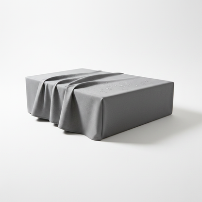 Gray water-resistant fabric surface cover neatly folded and draped on a pure white background