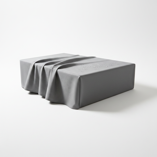 Gray water-resistant fabric surface cover neatly folded and draped on a pure white background