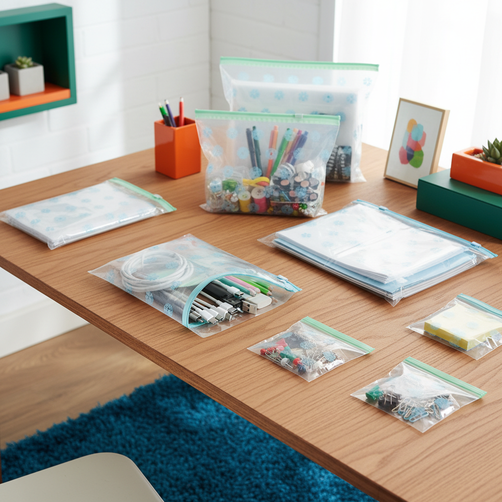 Clear floral zip storage bags organizing cables and stationery in a home office