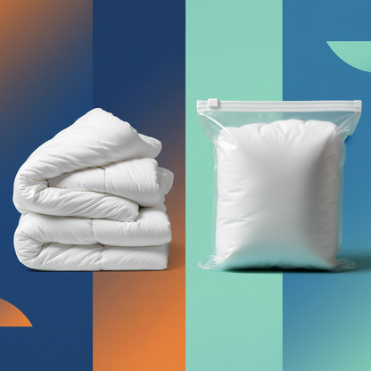 Before and after comparison showing bulky bedding and a compressed clear storage bag