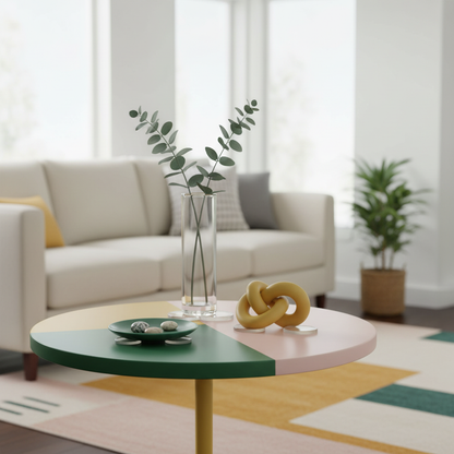Clear protective pads used beneath a vase and decor on a colorful living-room side table