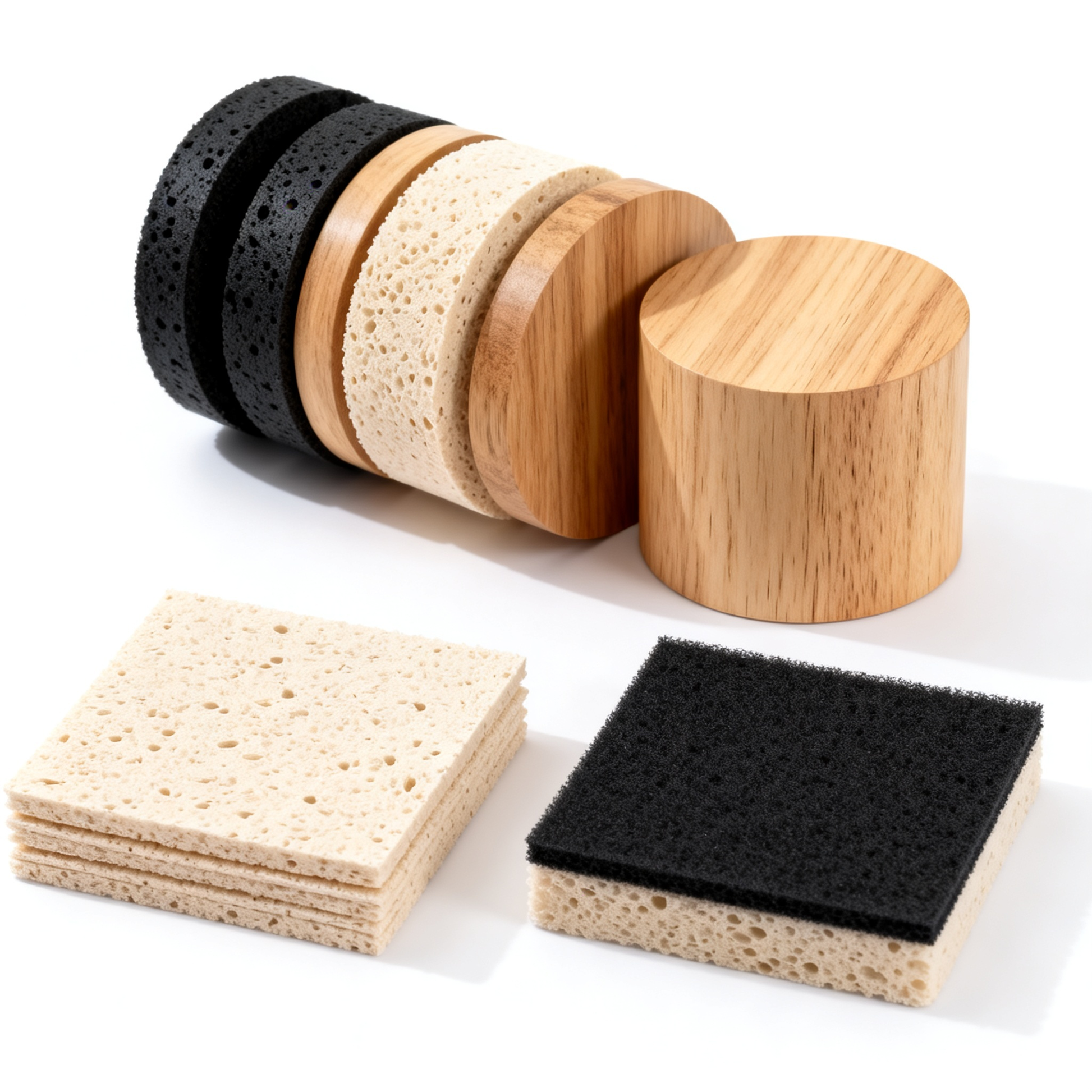 Wood-look holders with black and cream porous cleaning sponge pieces in round and square shapes