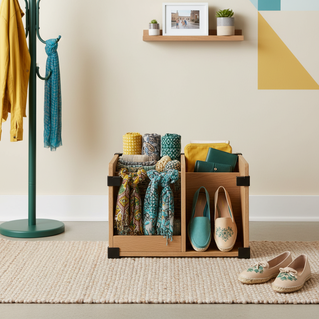 Open wooden storage crate organizing shoes and accessories in a colorful entryway