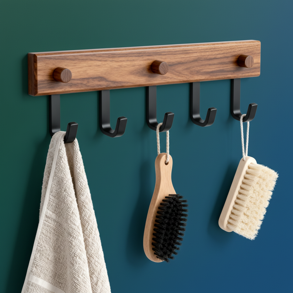 Close-up of the warm wood grain and black hooks on a five-hook wall-mounted coat rack