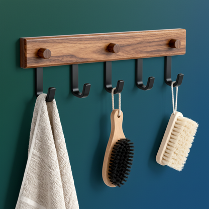 Close-up of the warm wood grain and black hooks on a five-hook wall-mounted coat rack