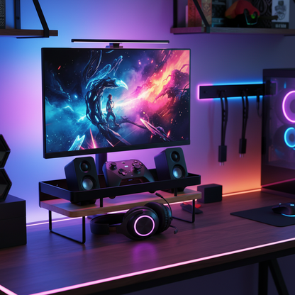 Two-tier black metal and wood desk stand in a colorful gaming and creator workspace