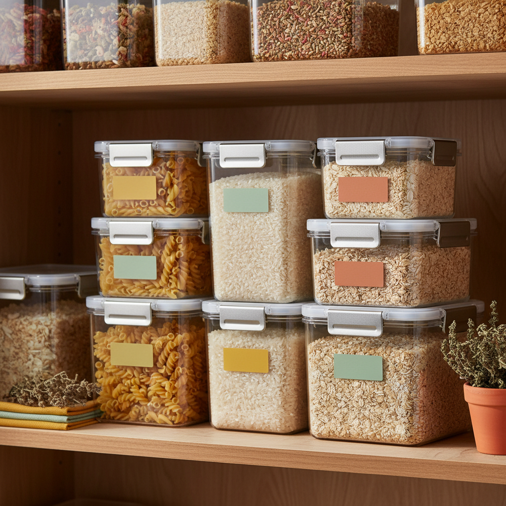 Clear snap-lock containers organizing pasta, rice and oats on warm wood pantry shelves