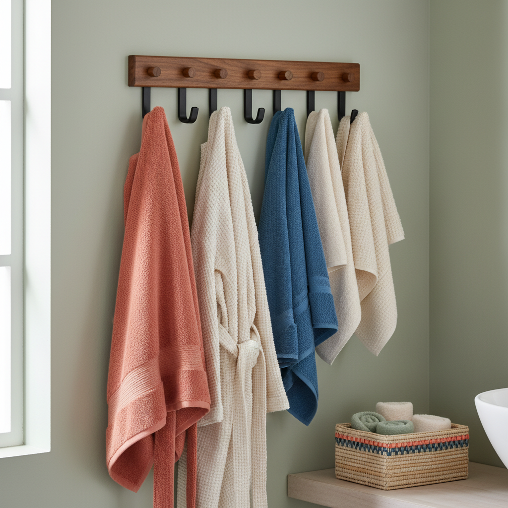 Wood wall-mounted coat rack with five black hooks holding towels in a colorful bathroom