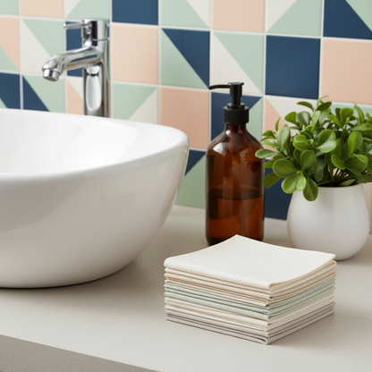 Stacked reusable cleaning cloths beside a ceramic sink and colorful bathroom accessories