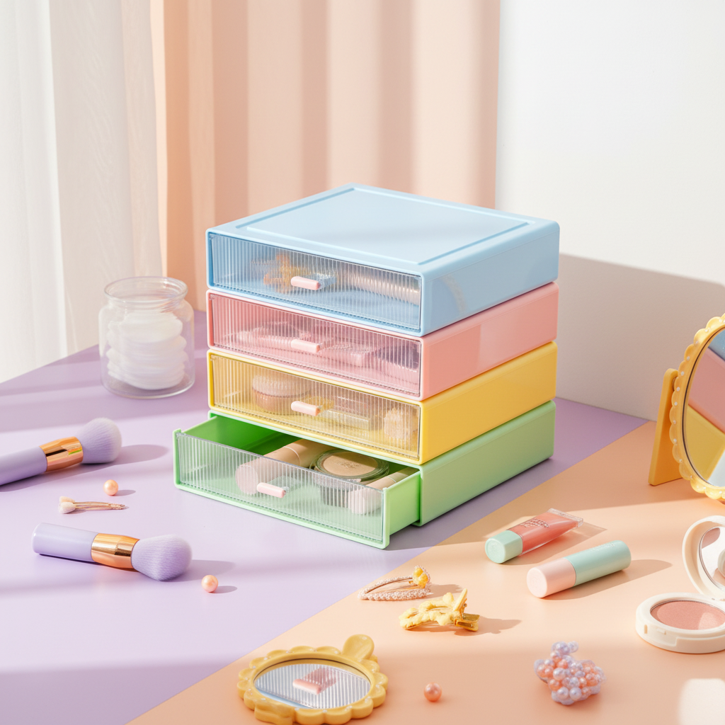 Pastel multi-drawer organizer holding beauty accessories on a colorful vanity