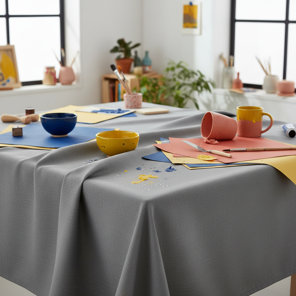 Gray fabric surface cover protecting a colorful creative work table