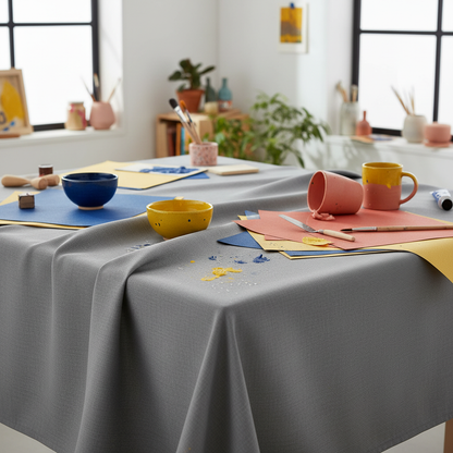 Gray fabric surface cover protecting a colorful creative work table