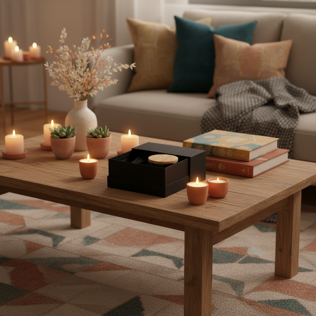 Home fragrance gift set styled on a colorful living-room coffee table