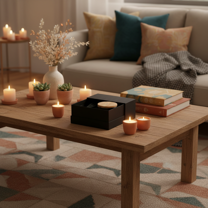 Home fragrance gift set styled on a colorful living-room coffee table