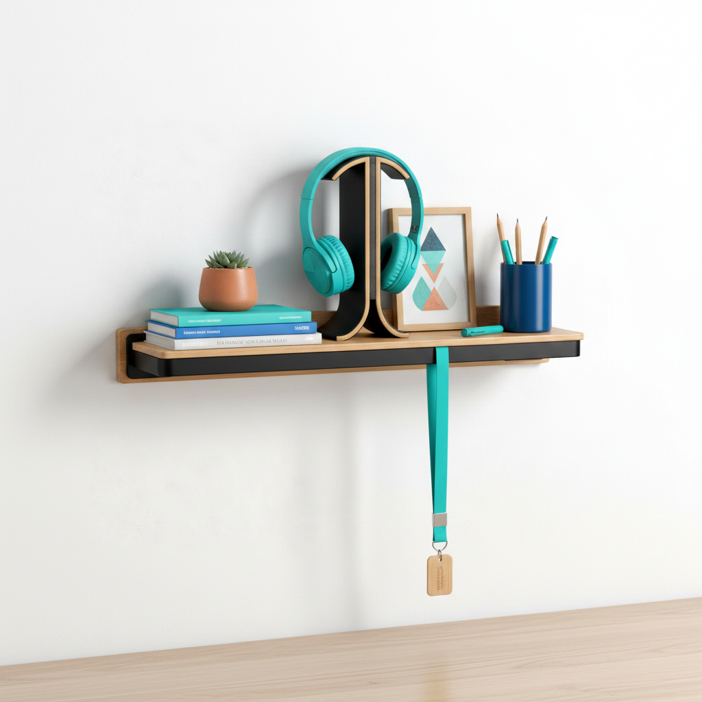 Oak and black wall shelf above a desk holding books, stationery, headphones, and a plant